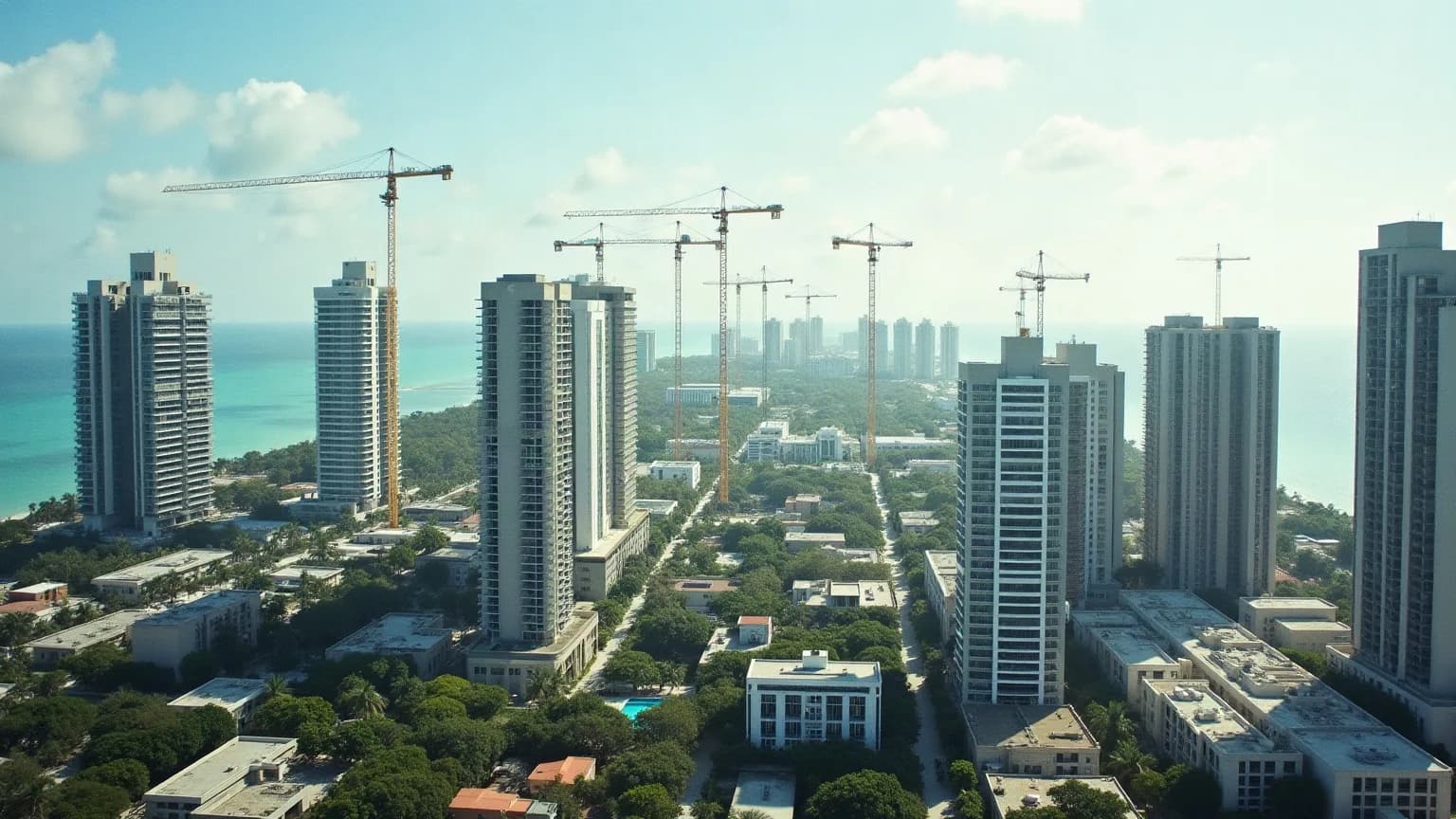 2026 Miami emlak piyasası görünümünü inşaat hâlindeki ve tamamlanmış kulelerle anlatan temsilî görsel