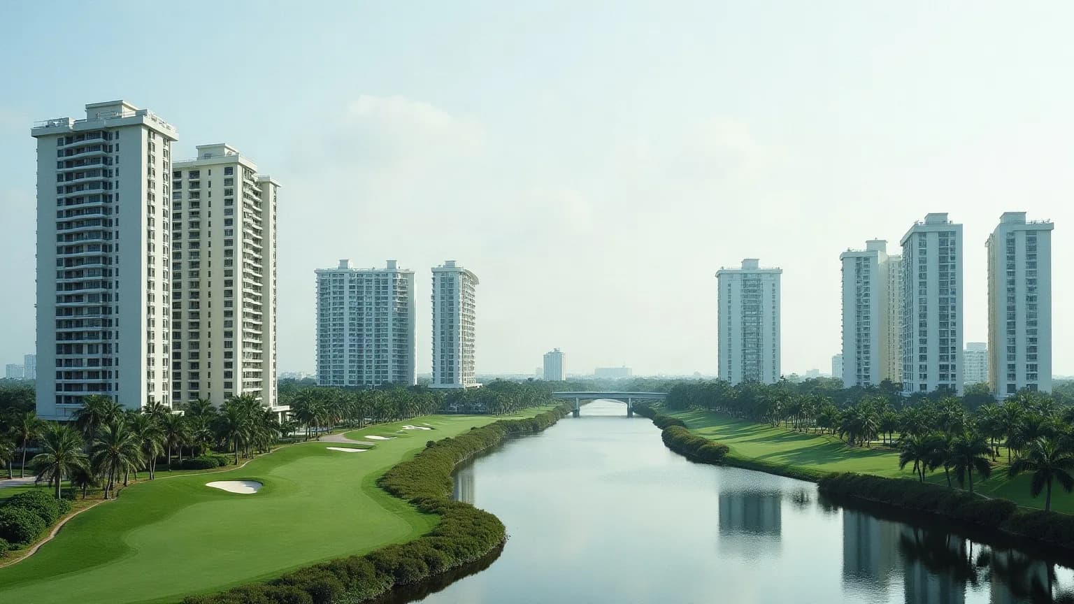 Aventura'nın golf sahası ve içsu kanalı çevresine yayılmış konut kulelerini yansıtan temsilî görsel