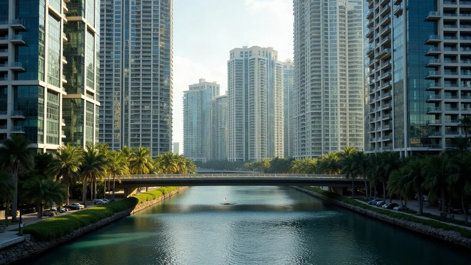Brickell'in su kanalı boyunca yükselen cam cepheli konut kulelerini ve yükseltilmiş raylı hattını yansıtan temsilî görsel