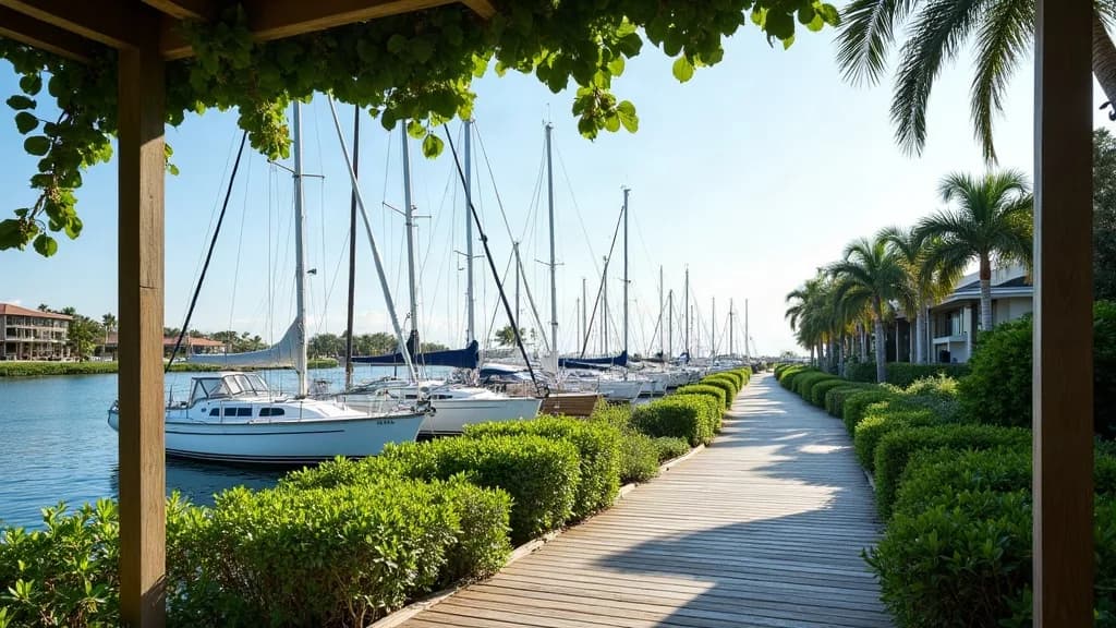 Coconut Grove marinasında yelkenli direkleri ve ahşap iskele detayını gösteren temsilî görsel