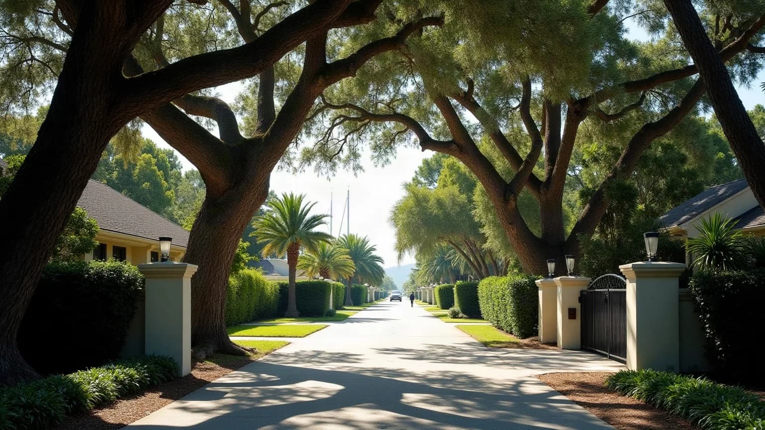Coconut Grove'un banyan ağaçlarıyla gölgelenmiş alçak katlı butik konut sokağını yansıtan temsilî görsel