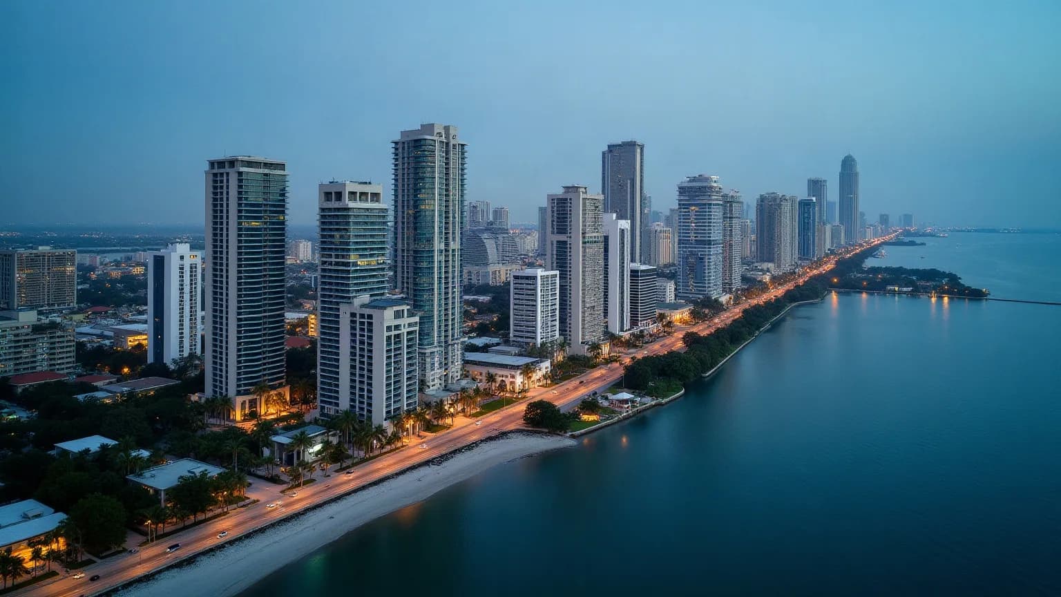Downtown Miami'nin körfez üzerinden görünen karma kule dokusunu yansıtan temsilî görsel