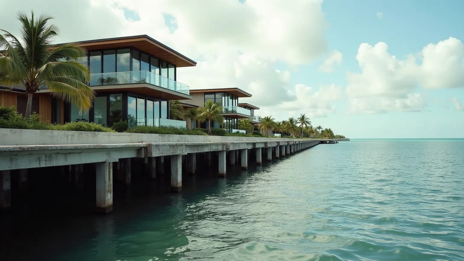 Miami'de iklim riski ve sel bölgelerine karşı yükseltilmiş zemin katlı konut yapısını gösteren temsilî görsel