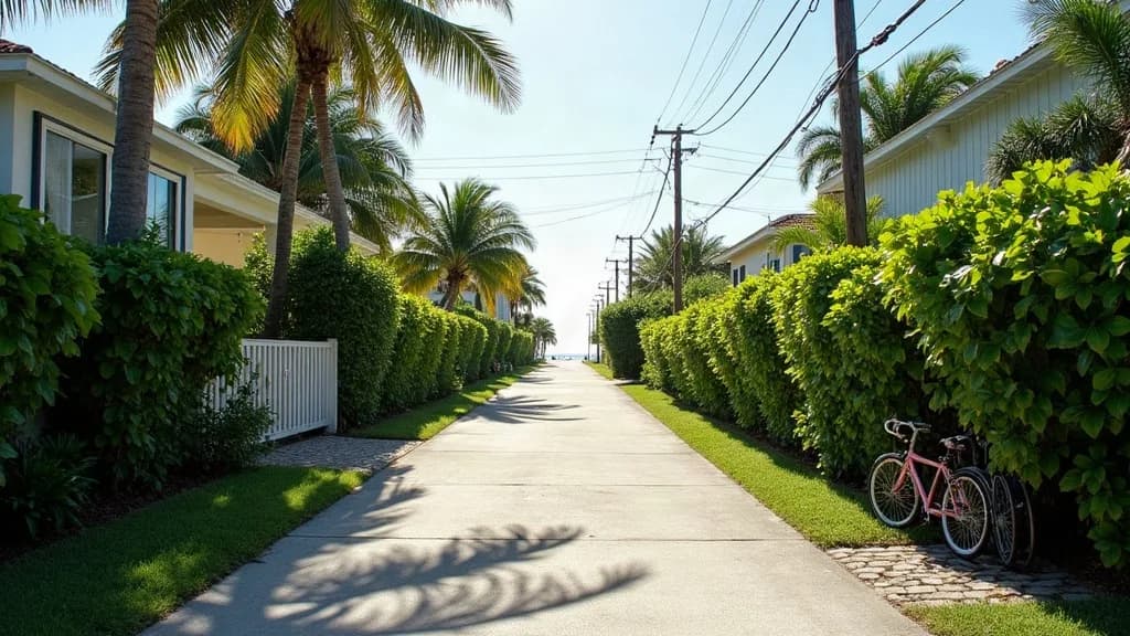 Key Biscayne'de sahile açılan sakin yerleşim sokağını gösteren temsilî görsel