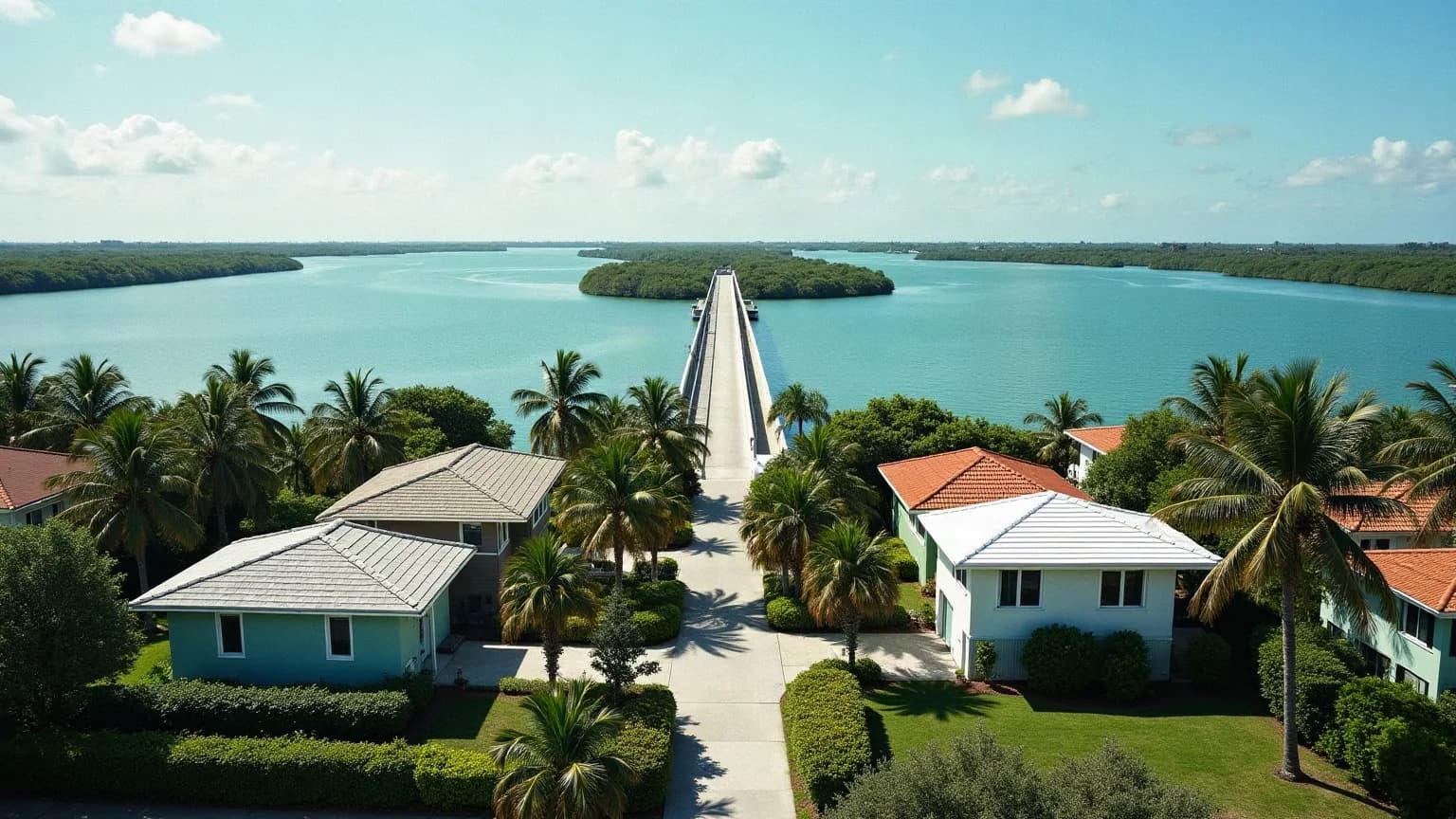 Key Biscayne'in köprüyle bağlanan sakin ada yerleşimini ve alçak konut dokusunu yansıtan temsilî görsel
