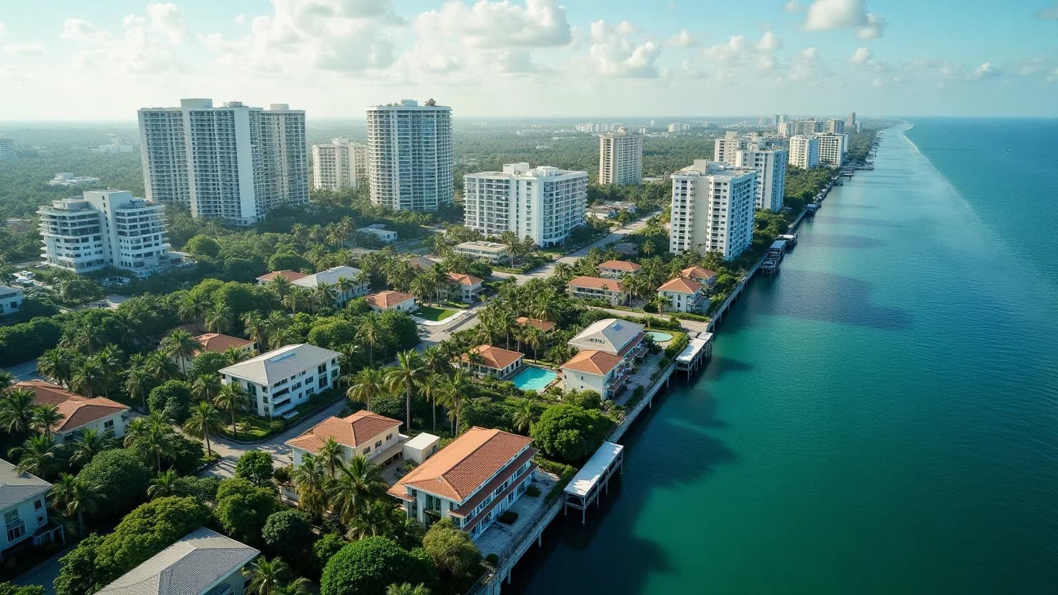 Miami'nin farklı karakterdeki yatırım bölgelerini bir arada gösteren geniş açılı temsilî görsel