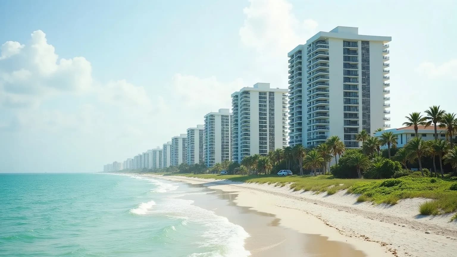 Sunny Isles Beach'in dar kum şeridinde sıralanan okyanus cepheli konut kulelerini yansıtan temsilî görsel
