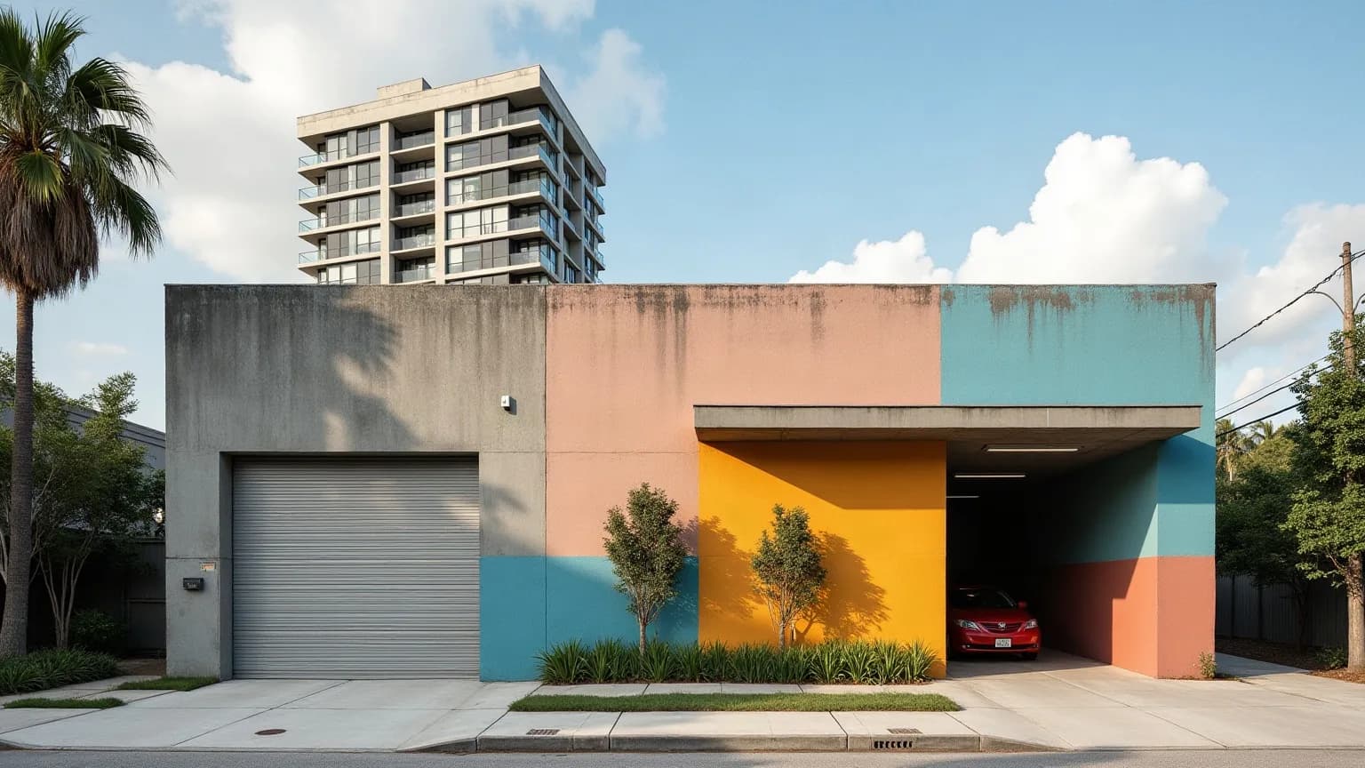 Wynwood'un boyalı depo cepheleri arasında yükselen yeni konut binasını yansıtan temsilî görsel