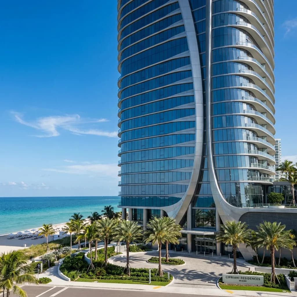 Miami'de okyanus cepheli pre-construction lüks rezidans projesi: kavisli cam kule, palmiyeli peyzaj ve şezlonglu özel plaj