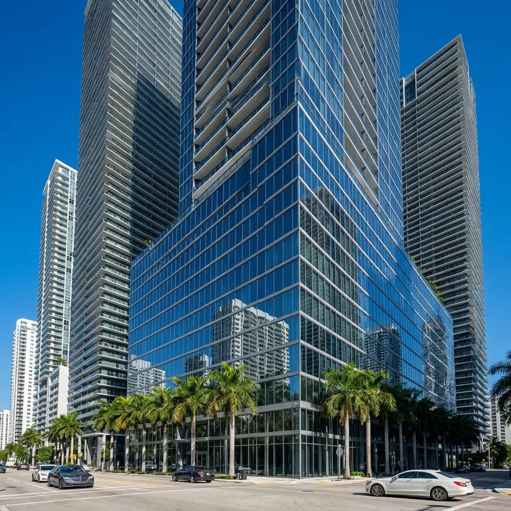 Downtown Miami'de mavi cam cepheli yeni rezidans kuleleri, sokak seviyesinden palmiyeli görünüm