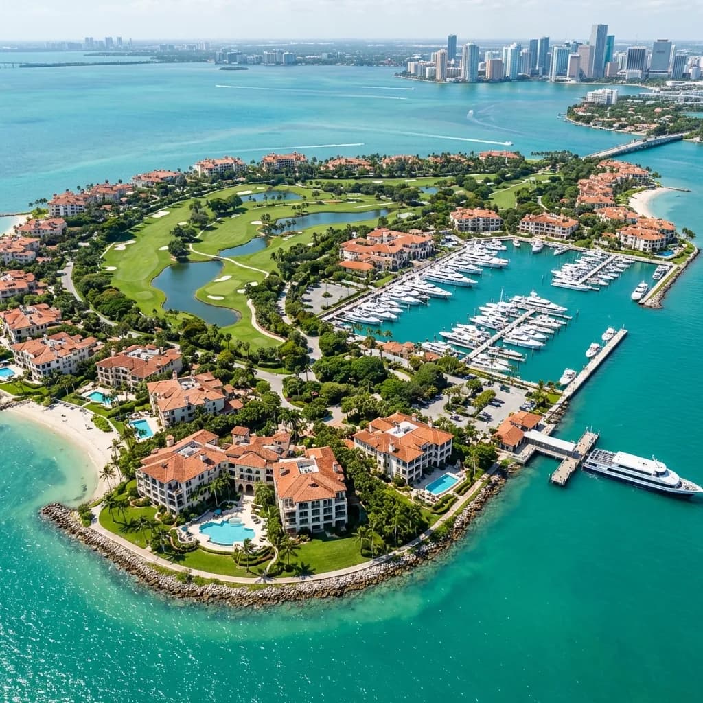 Fisher Island'ın kuş bakışı görünümü: kiremit çatılı rezidanslar, golf sahası ve yatlarla dolu marina
