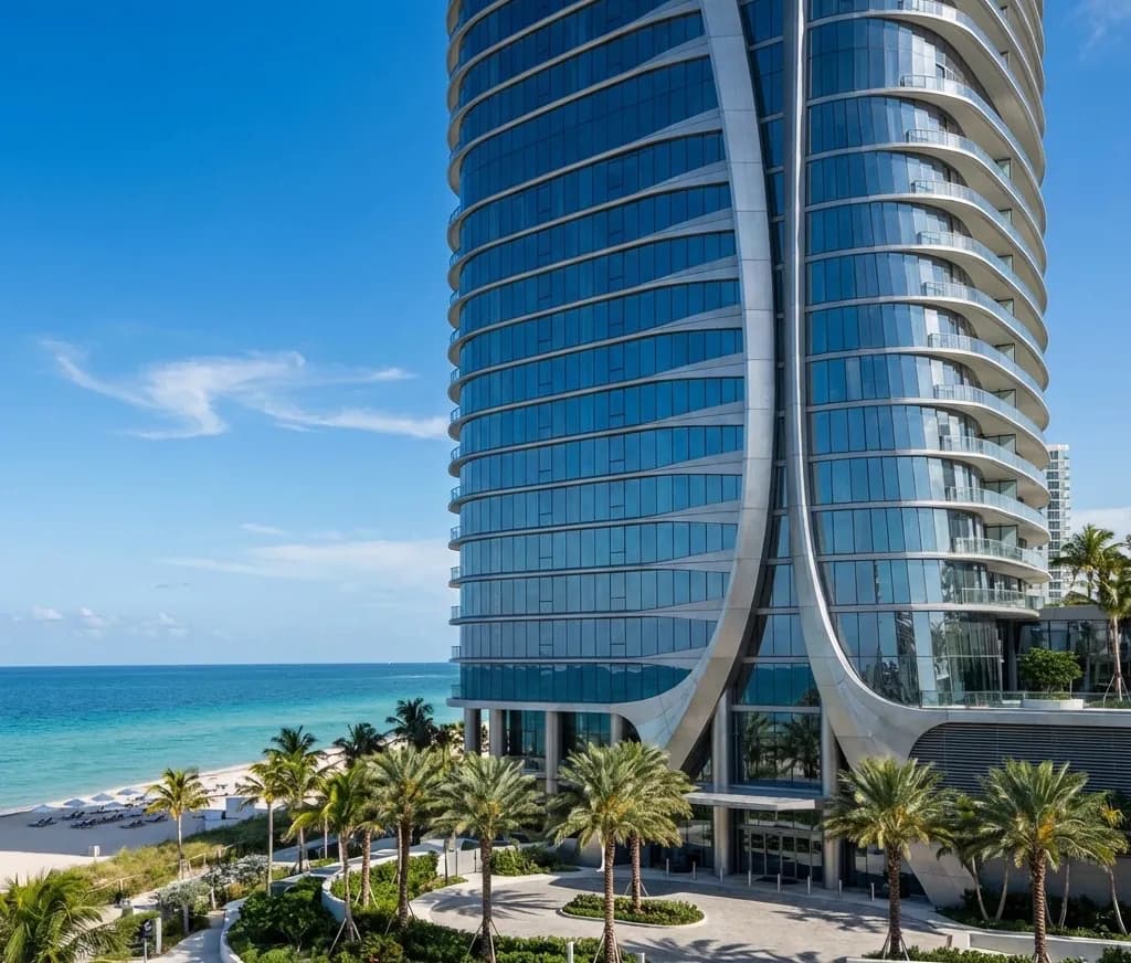Luxury residential tower on the Miami Beach shoreline, with the ocean and palm trees