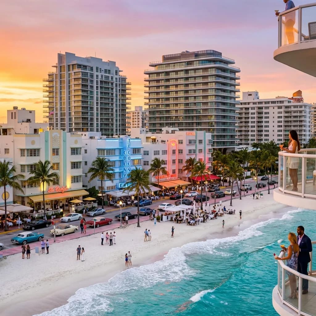 Gün batımında Miami Beach Ocean Drive: pastel renkli Art Deco oteller, palmiyeler ve kalabalık sahil yürüyüş yolu