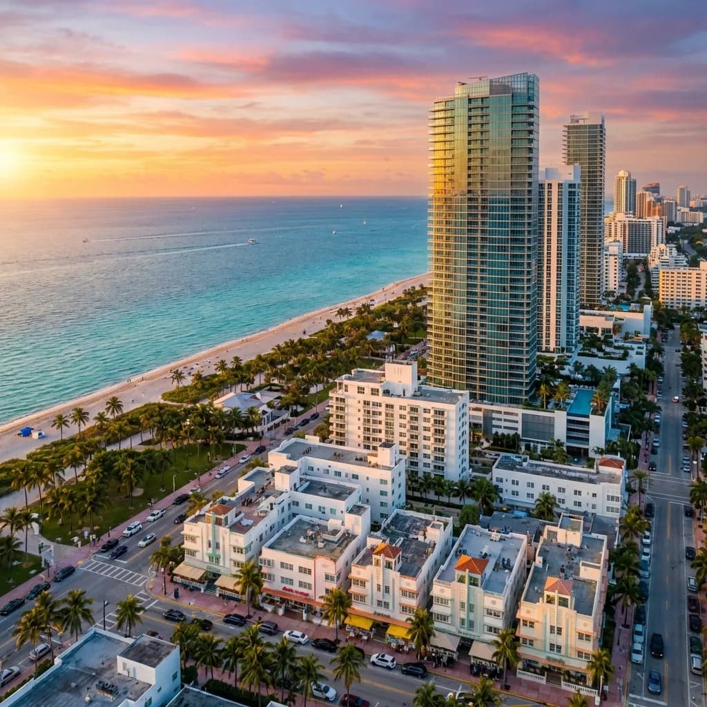 Gün batımında Miami Beach kıyısının kuş bakışı görünümü: turkuaz okyanus, geniş kumsal, palmiyeli Ocean Drive ve cam cepheli lüks rezidans kulesi