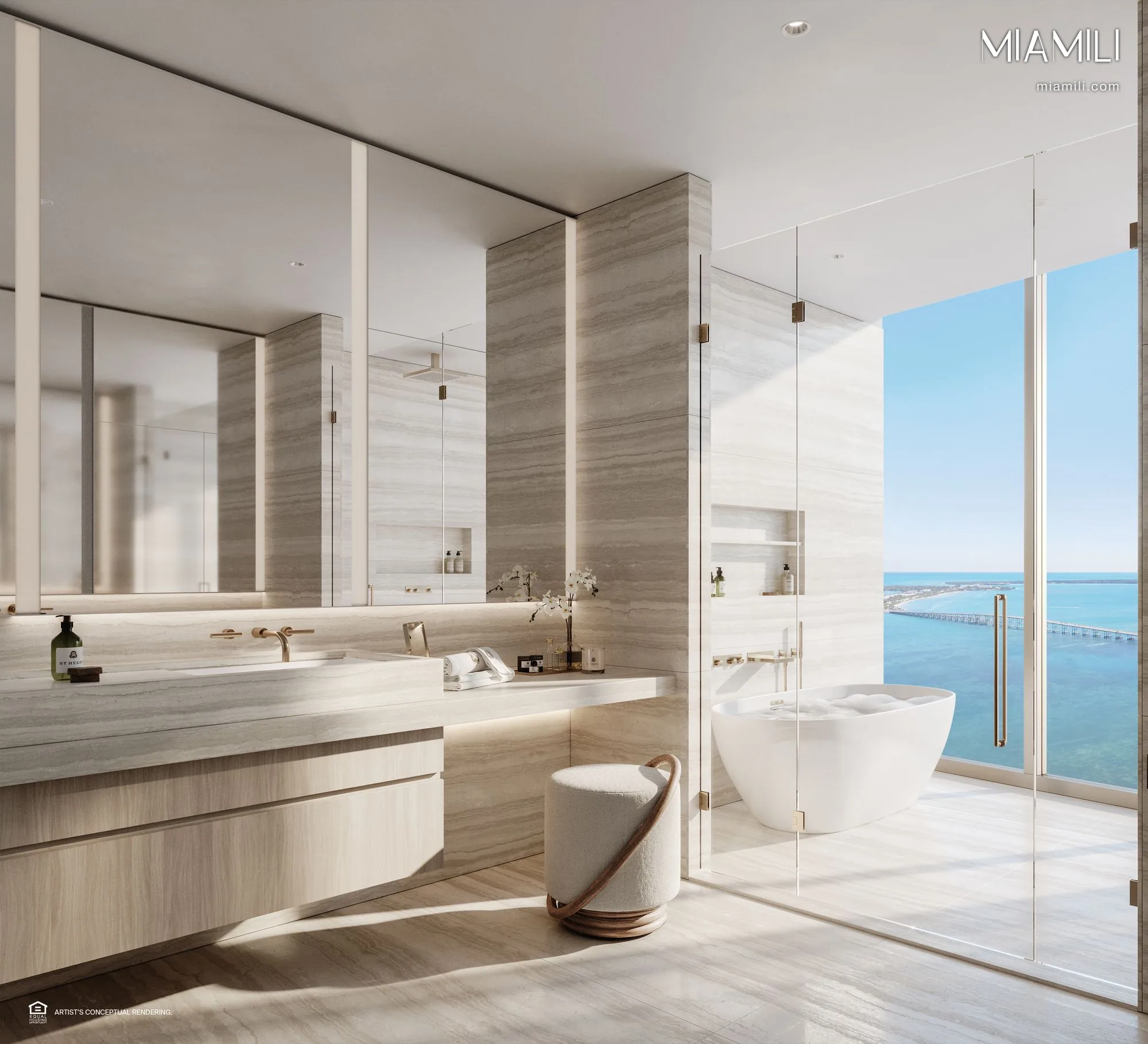 St. Regis Residences Brickell dairelerinin banyo ve iç mekân malzemesini gösteren proje fotoğrafı